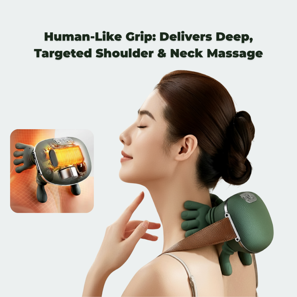 Heated Cordless Neck Massager in use on shoulders